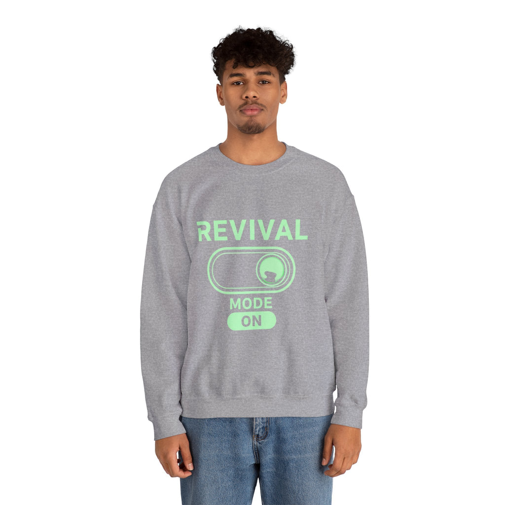 🔥 Revival Mode: ON – Christian Techwear Sweatshirt | Glowing Green Faith Switch | Futuristic Jesus Shirt | Activate Your Spiritual Awakening | Uplifted Gear Printify