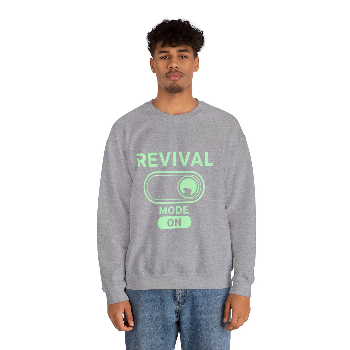 🔥 Revival Mode: ON – Christian Techwear Sweatshirt | Glowing Green Faith Switch | Futuristic Jesus Shirt | Activate Your Spiritual Awakening | Uplifted Gear Printify