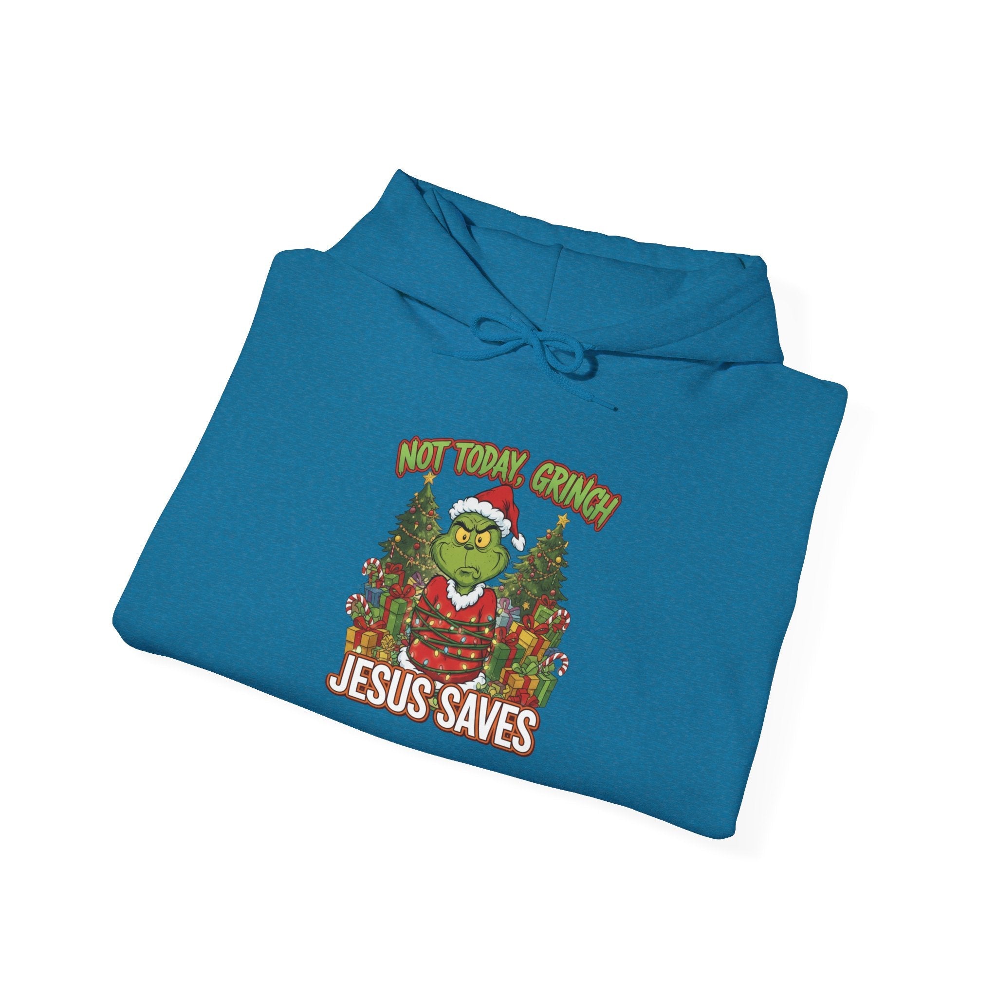 🎄 Not Today, Grinch – Jesus Saves | Funny Christian Christmas Hoodie | Sulking Grinch & Glowing Cross | Bold Neon Faith Tee by Uplifted Gear Printify