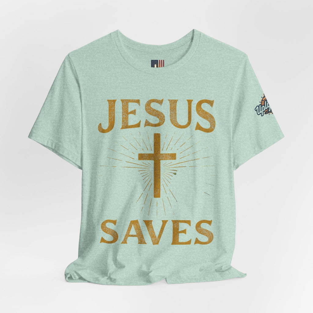 Jesus Saves T-shirt – Radiant Cross & Rays of Light Christian T-shirt for Eternal Hope & Faith Printify