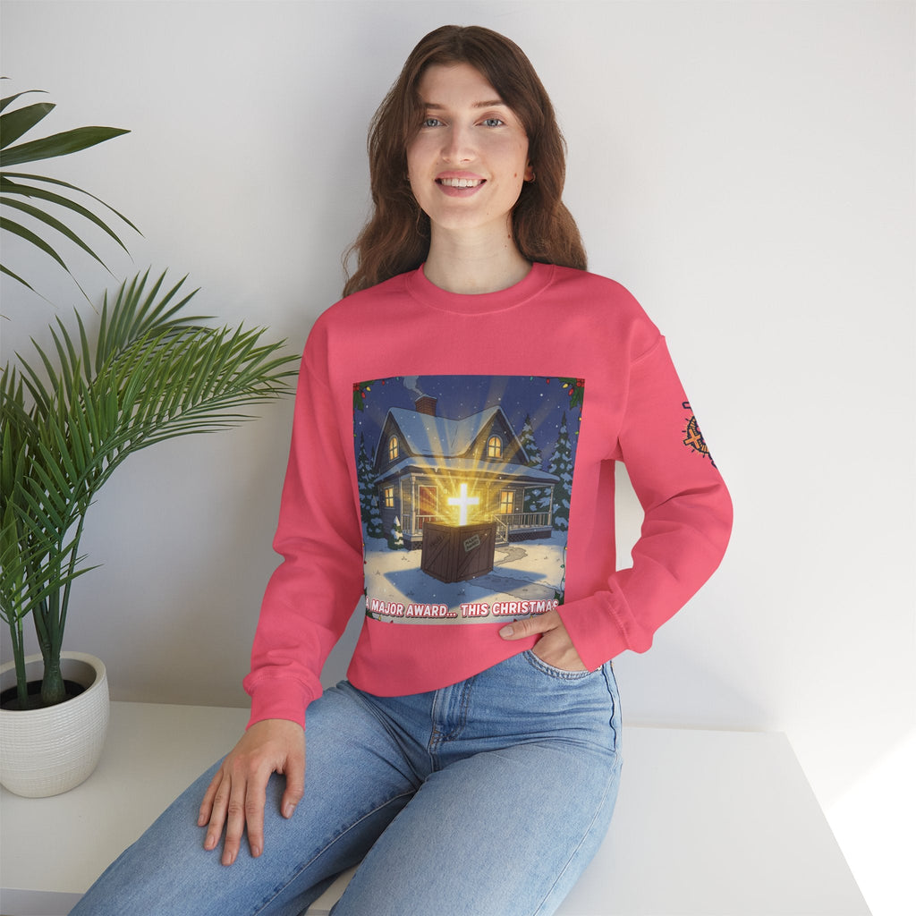 A Major Award This Christmas Sweatshirt – Fragile Leg Lamp Parody Cross Unboxing Christian Sweatshirt for Hilarious Faith & Holiday Glow Printify