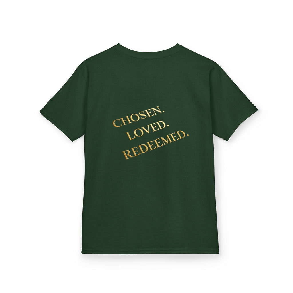 ✨ Chosen. Loved. Redeemed. – Elegant Christian Kids T-Shirt | Gold Foil Faith Tee | Subtle Cross & Heart Design | Inspirational Bible Verse Apparel by Uplifted Gear Printify