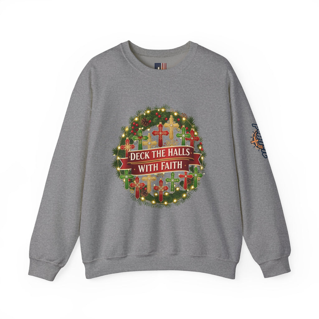🎄 Deck the Halls with Faith – Christian Christmas Sweatshirt | Cross Ornament Design & Festive Garland | Bold Holiday Faith Tee by Uplifted Gear Printify
