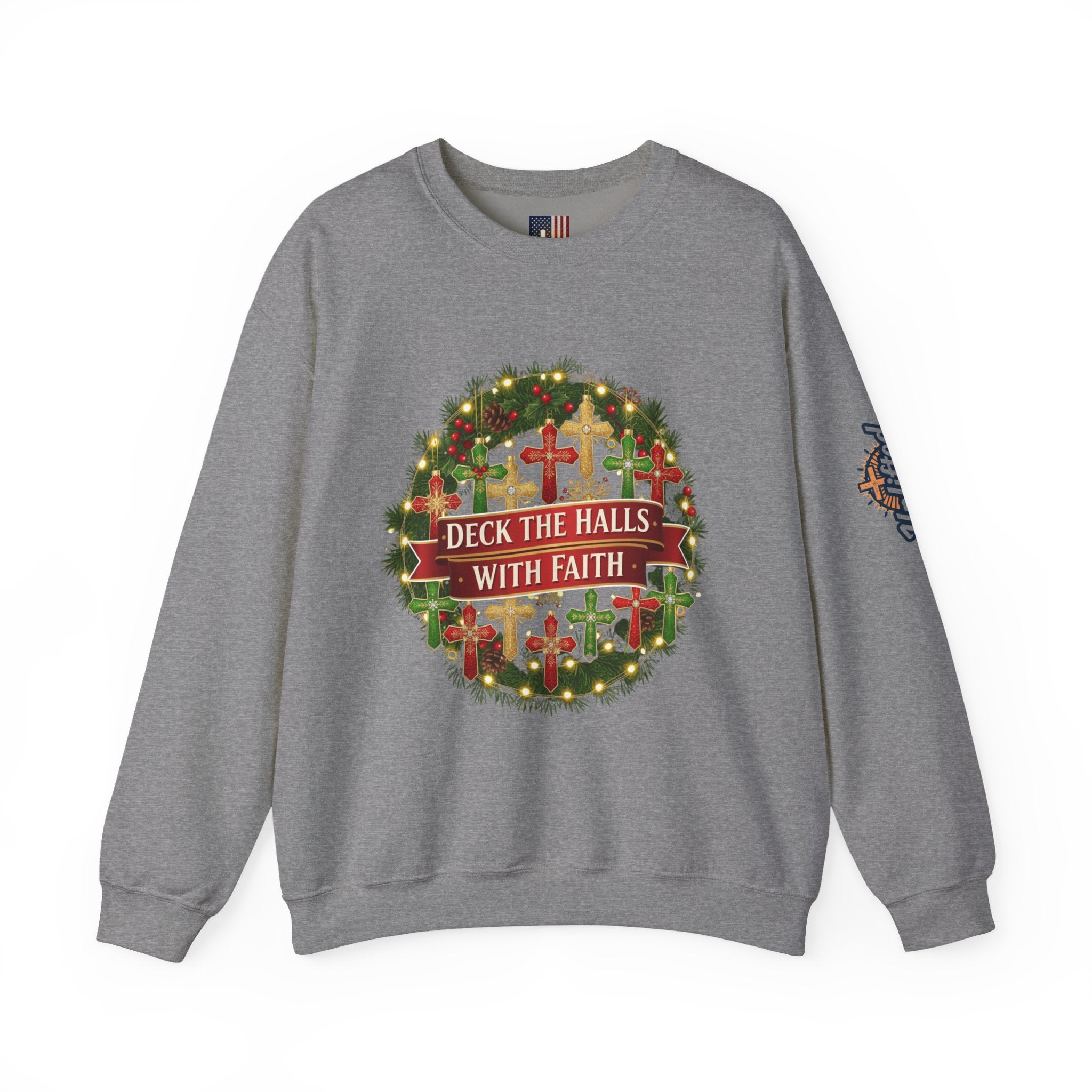 🎄 Deck the Halls with Faith – Christian Christmas Sweatshirt | Cross Ornament Design & Festive Garland | Bold Holiday Faith Tee by Uplifted Gear Printify
