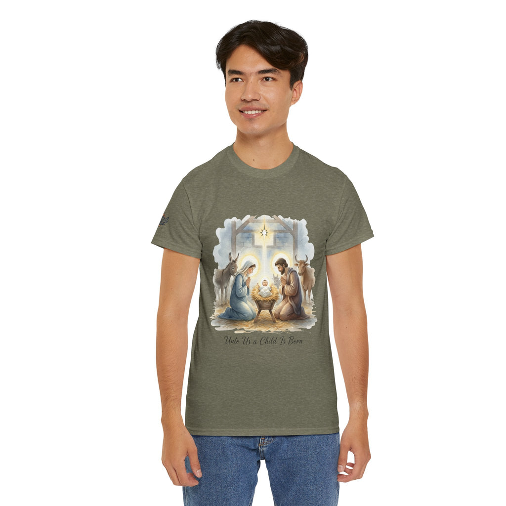 Unto Us a Child is Born T-shirt – Isaiah 9:6 Nativity Manger Scene Christian Christmas T-shirt for Holy Night Faith Printify