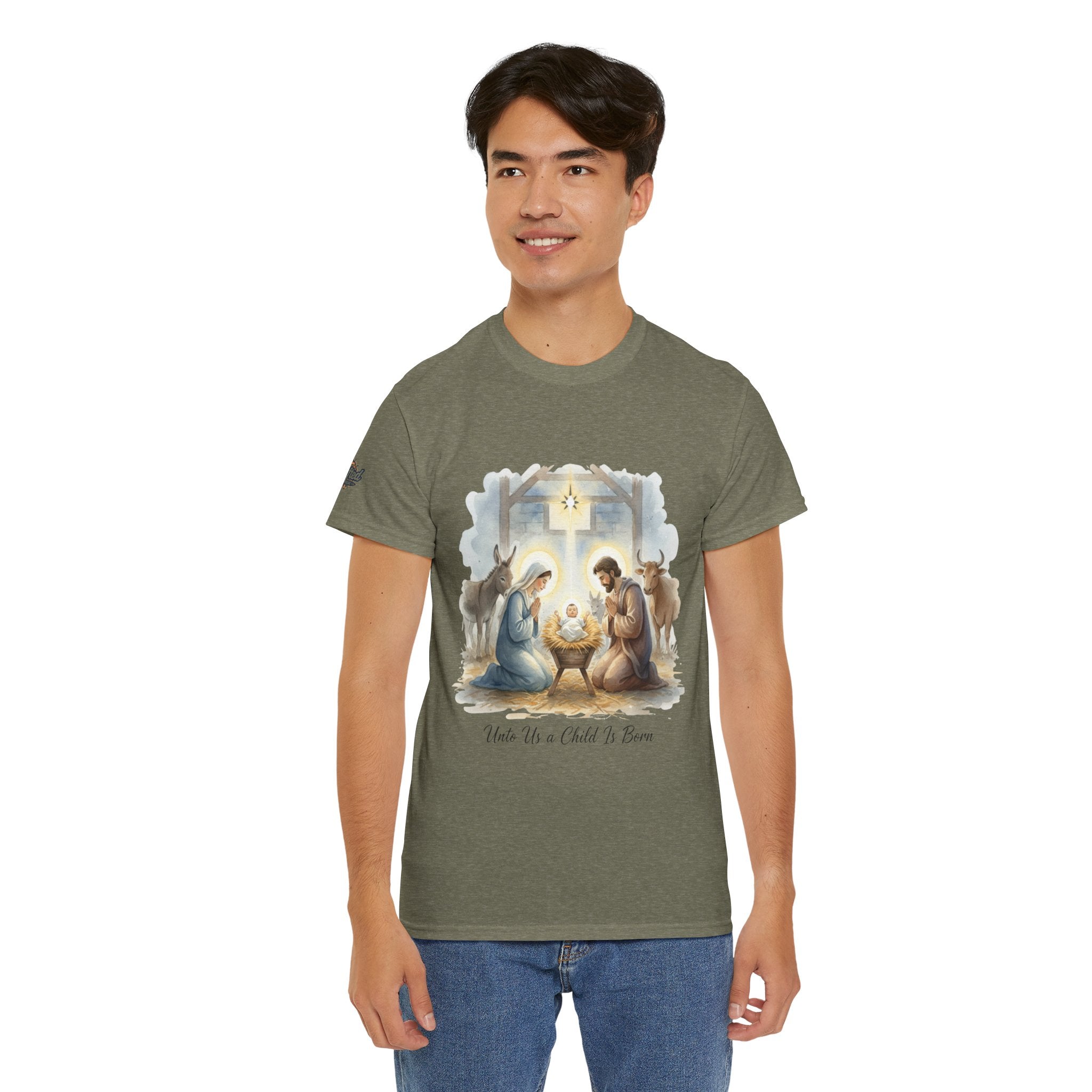 Unto Us a Child is Born T-shirt – Isaiah 9:6 Nativity Manger Scene Christian Christmas T-shirt for Holy Night Faith Printify