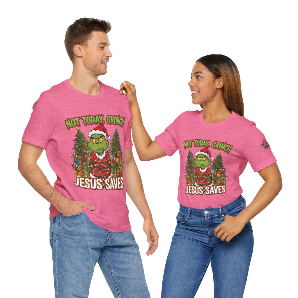 🎄 Not Today, Grinch – Jesus Saves | Funny Christian Christmas T-Shirt | Sulking Grinch & Glowing Cross | Bold Neon Faith Tee by Uplifted Gear Printify