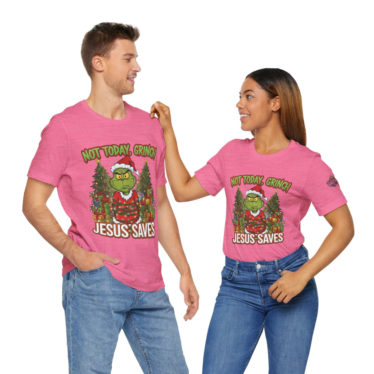 🎄 Not Today, Grinch – Jesus Saves | Funny Christian Christmas T-Shirt | Sulking Grinch & Glowing Cross | Bold Neon Faith Tee by Uplifted Gear Printify