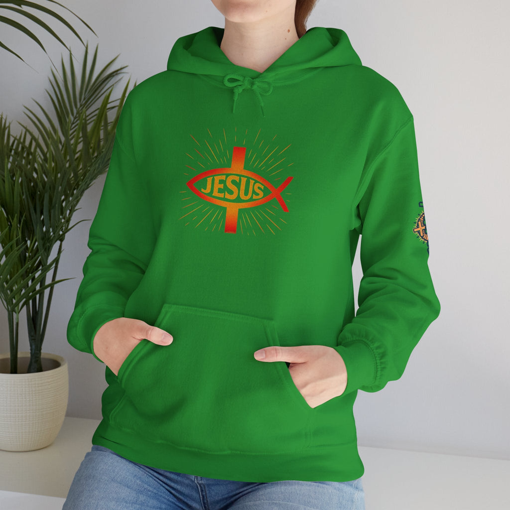 Jesus Ichthys Hoodie – Christian Fish Symbol with Cross & Jesus Inscription Sweatshirt for Eternal Faith & Streetwear Printify