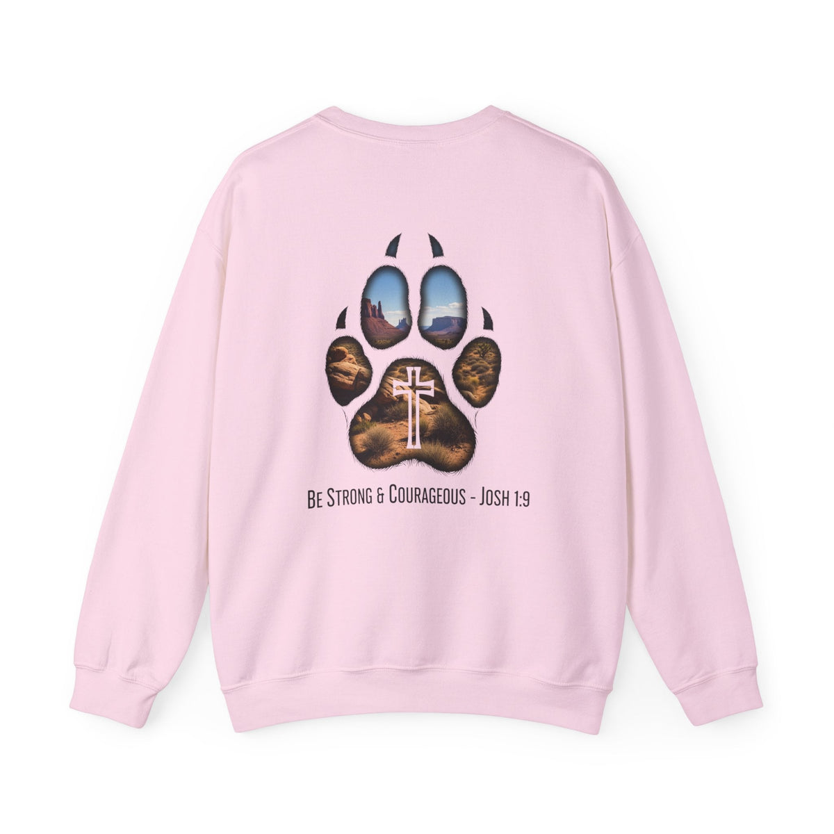 Strong and Courageous Sweatshirt – Joshua 1:9 Canine Pawprint Desert Christian Sweatshirt for Dog Lovers Printify