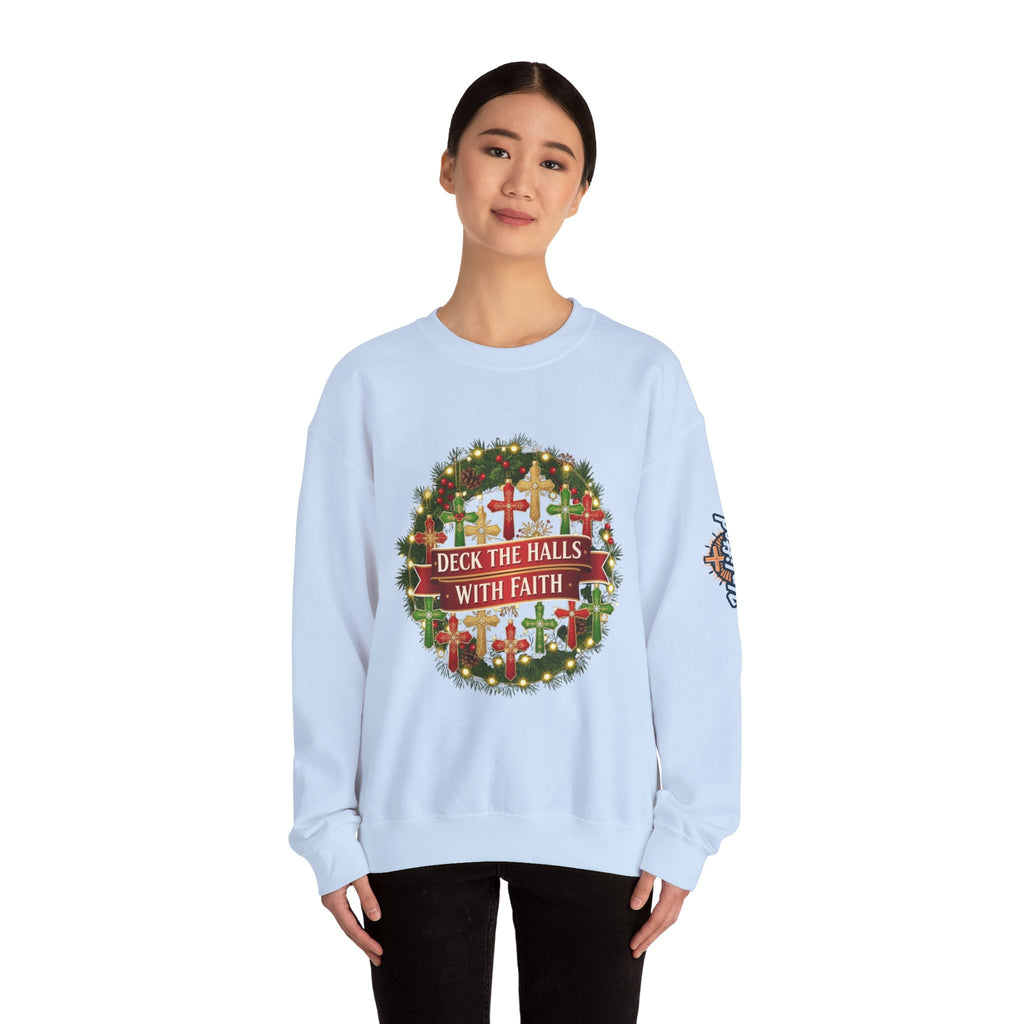 🎄 Deck the Halls with Faith – Christian Christmas Sweatshirt | Cross Ornament Design & Festive Garland | Bold Holiday Faith Tee by Uplifted Gear Printify