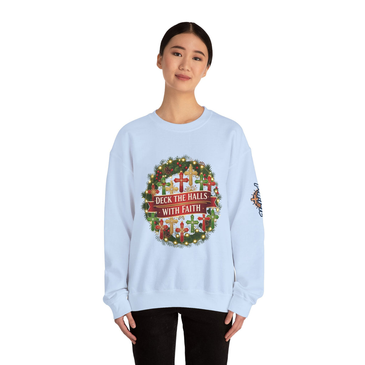 🎄 Deck the Halls with Faith – Christian Christmas Sweatshirt | Cross Ornament Design & Festive Garland | Bold Holiday Faith Tee by Uplifted Gear Printify