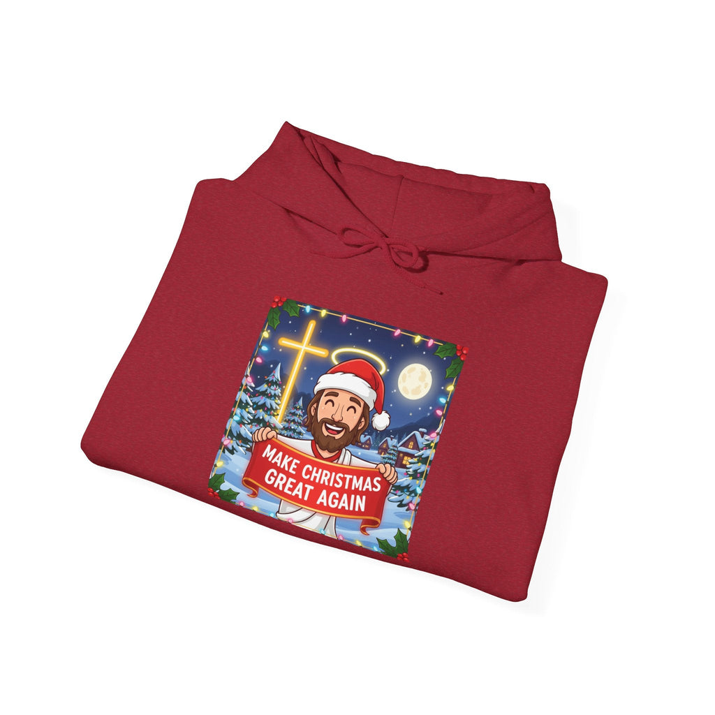 🎄 Make Christmas Great Again – Funny Christian Hoodie | Jesus Holding Banner | Faith-Based Holiday Parody Tee | Uplifted Gear Printify