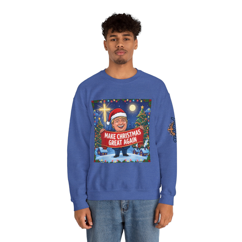 🎄 Make Christmas Great Again – Patriotic Christian Christmas Sweatshirt | Bold Holiday Faith Tee | Red & White Banner Design | Uplifted Gear Printify