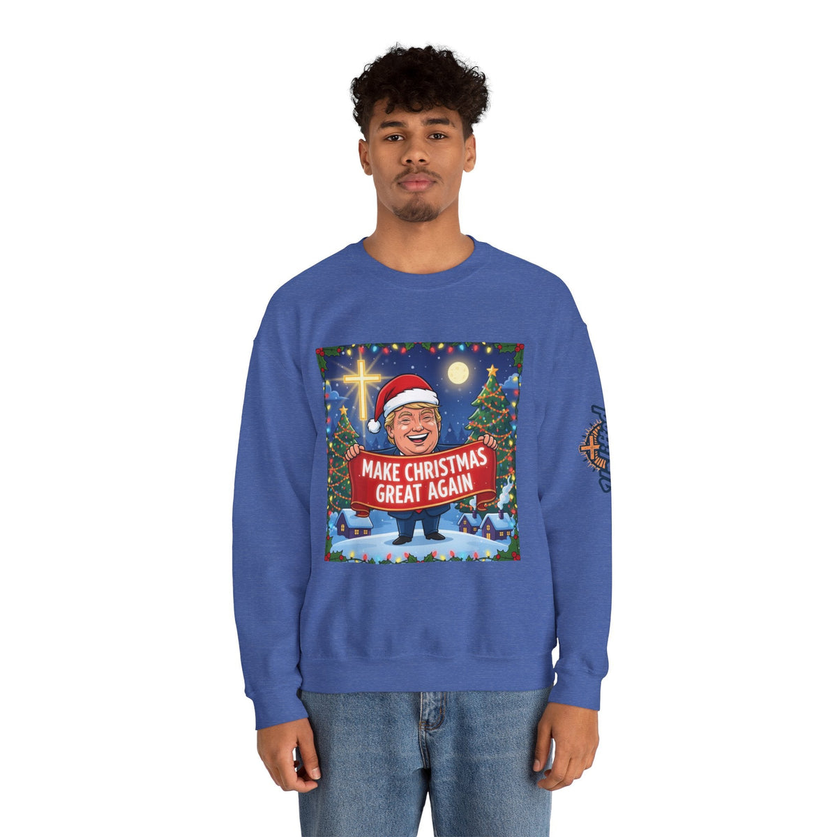 🎄 Make Christmas Great Again – Patriotic Christian Christmas Sweatshirt | Bold Holiday Faith Tee | Red & White Banner Design | Uplifted Gear Printify