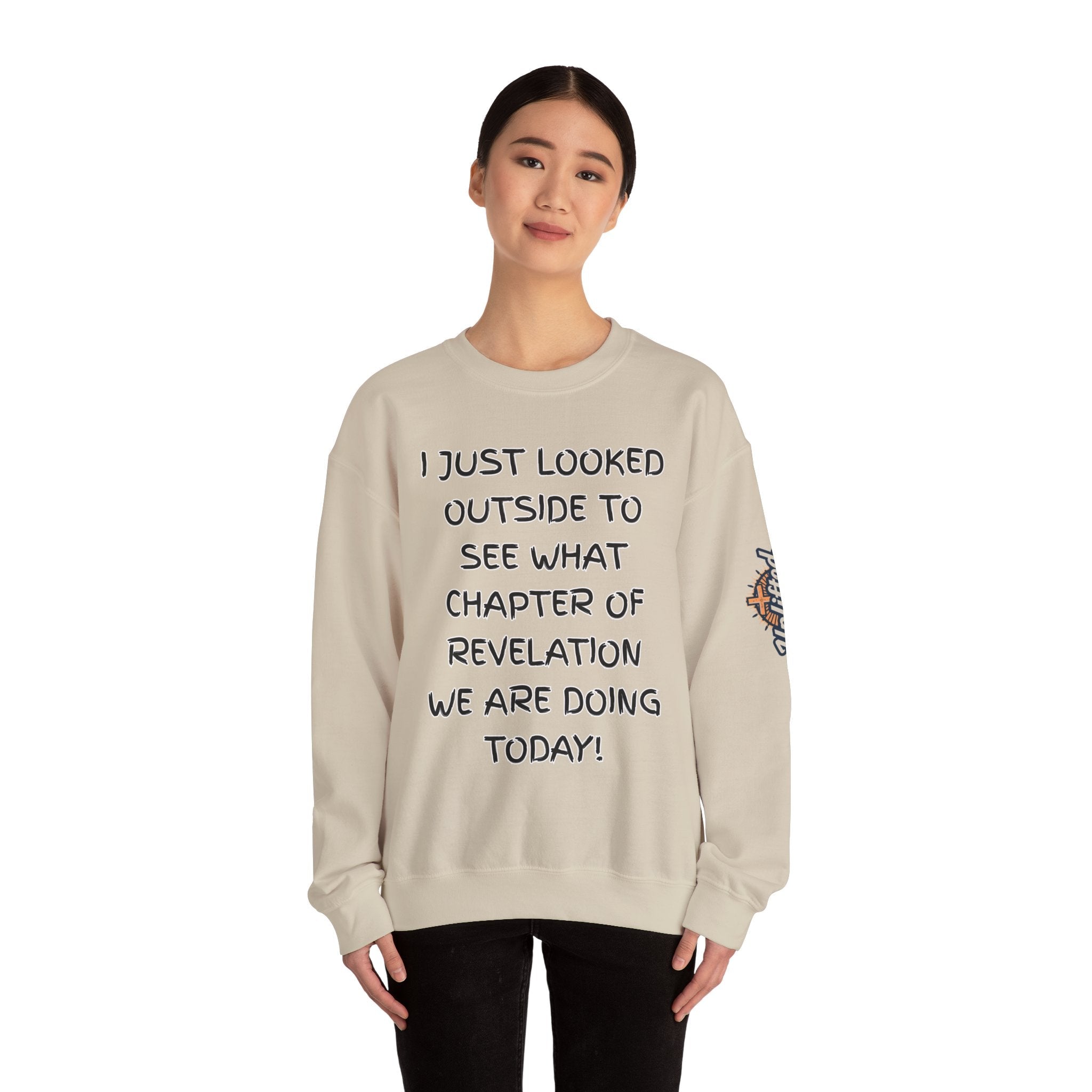 What Chapter of Revelation Sweatshirt – I Looked Outside My Window Christian Sweatshirt for End Times Humor & Faith Printify