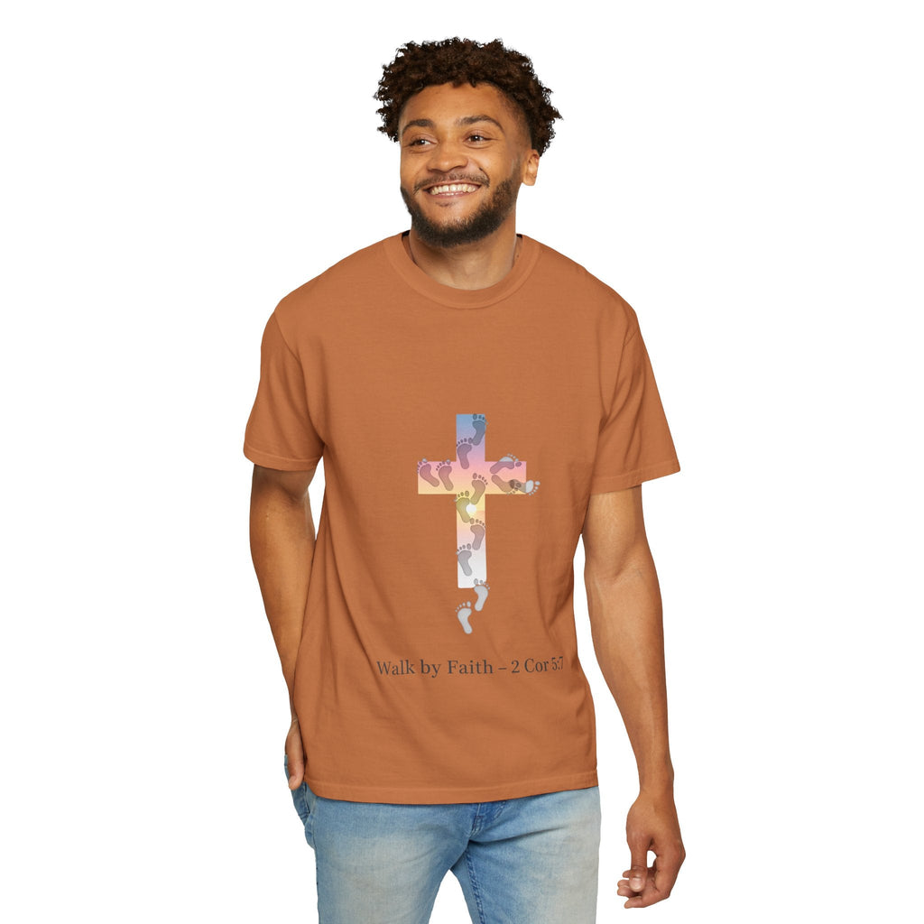 Walk by Faith T-Shirt – Cross & Footprints Christian Tee for Bold Believers Printify