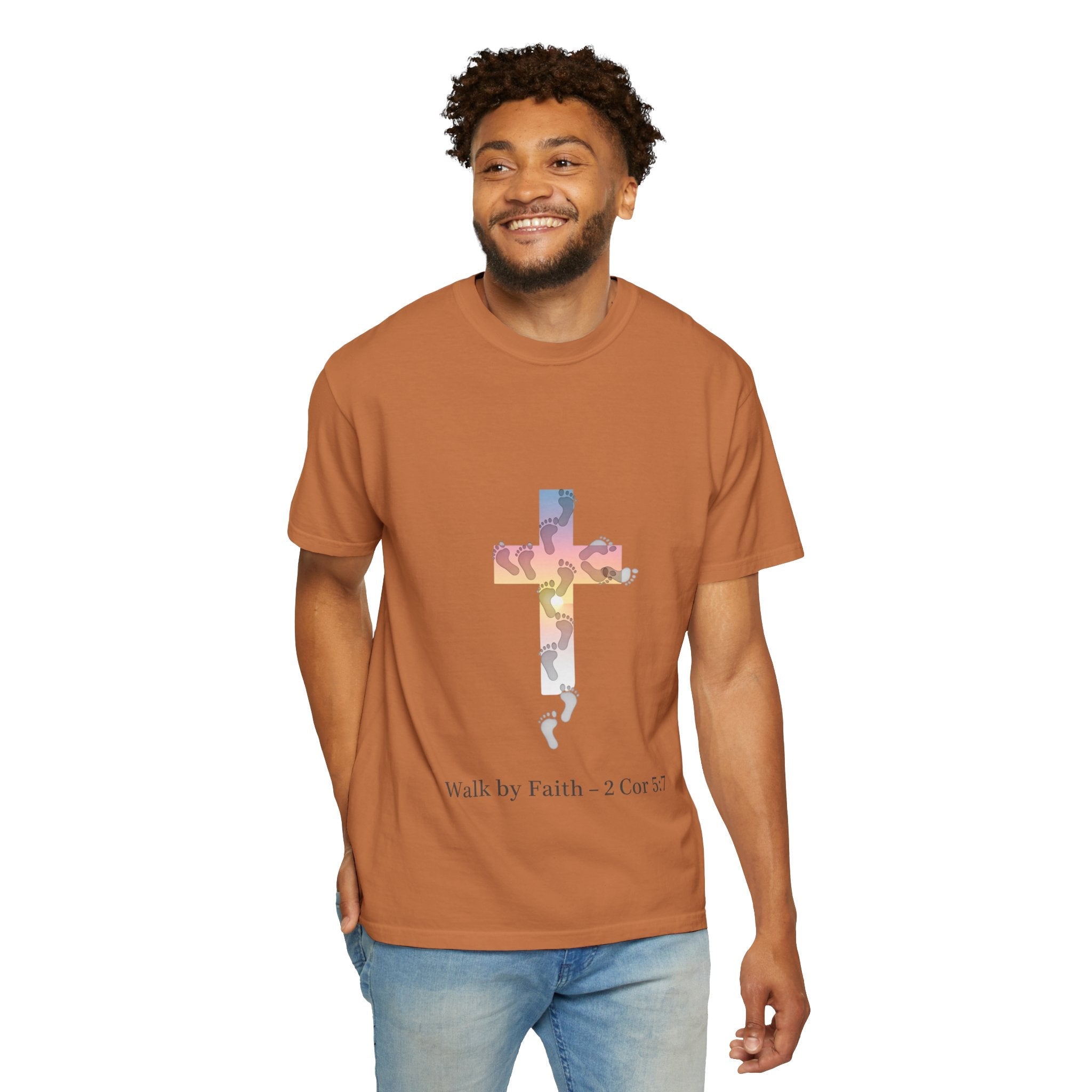 Walk by Faith T-Shirt – Cross & Footprints Christian Tee for Bold Believers Printify