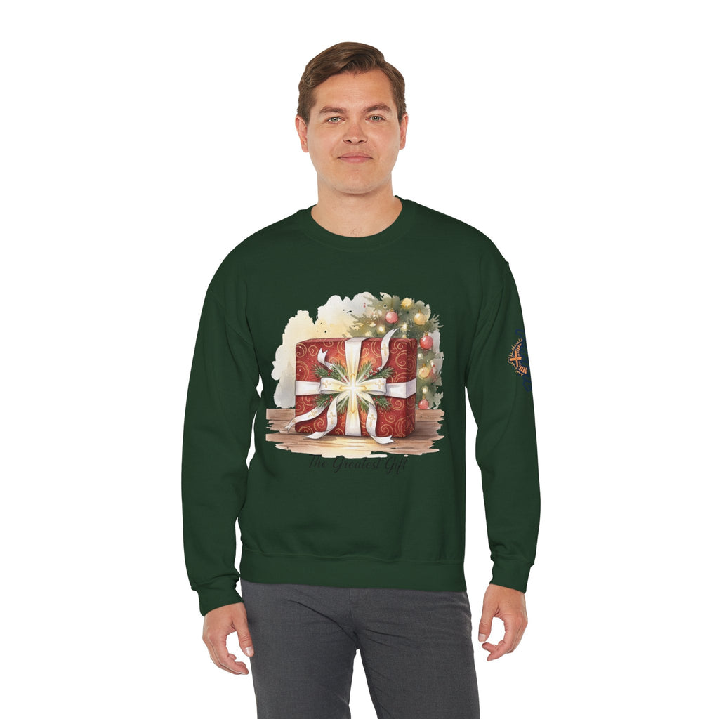 The Greatest Gift Sweatshirt – Cross Bow Present Christian Sweatshirt for Christmas Salvation & Eternal Faith Printify