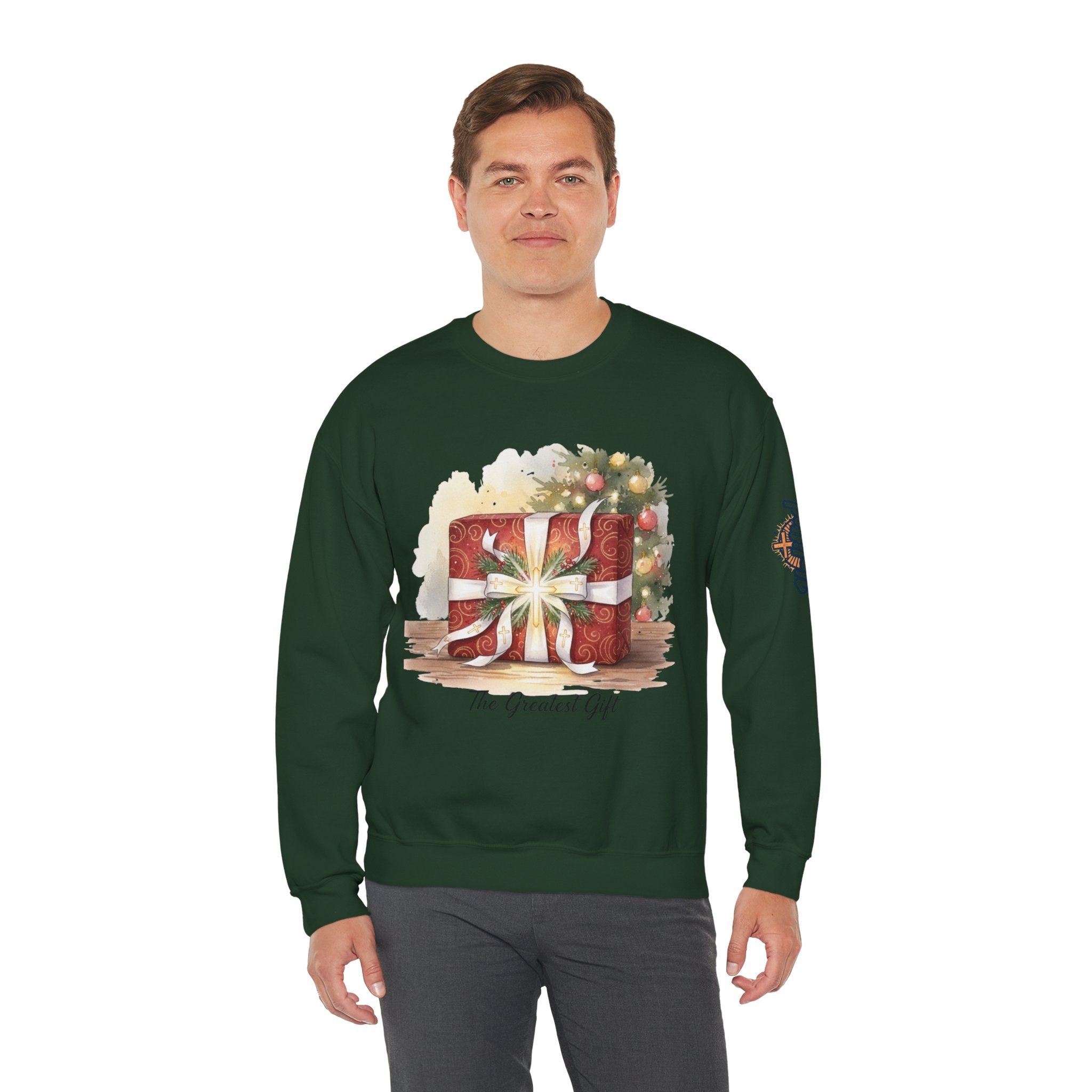 The Greatest Gift Sweatshirt – Cross Bow Present Christian Sweatshirt for Christmas Salvation & Eternal Faith Printify
