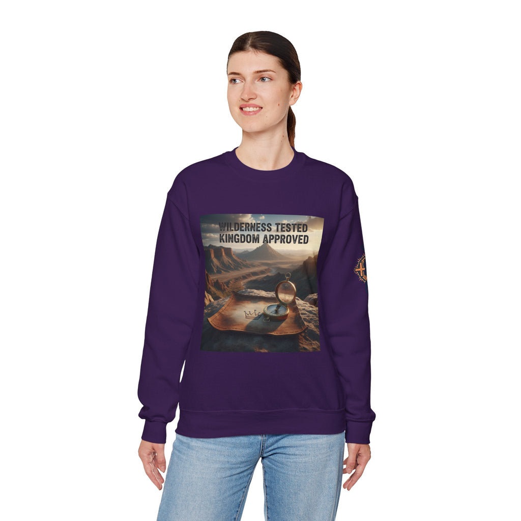 Wilderness Tested Kingdom Approved Sweatshirt – Mountain Desert Compass Crown Christian Sweatshirt for Biblical Adventure Faith Printify