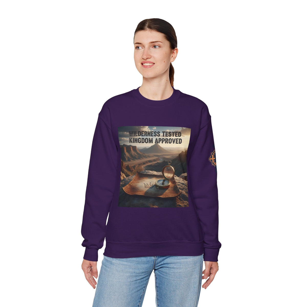 Wilderness Tested Kingdom Approved Sweatshirt – Mountain Desert Compass Crown Christian Sweatshirt for Biblical Adventure Faith Printify