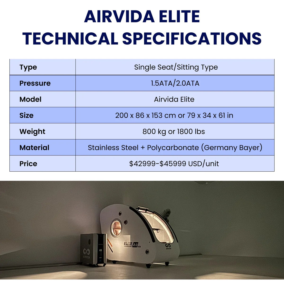 Airvida Elite 2.0 ATA Hard Shell Sitting Hyperbaric Chamber LifeMed USA