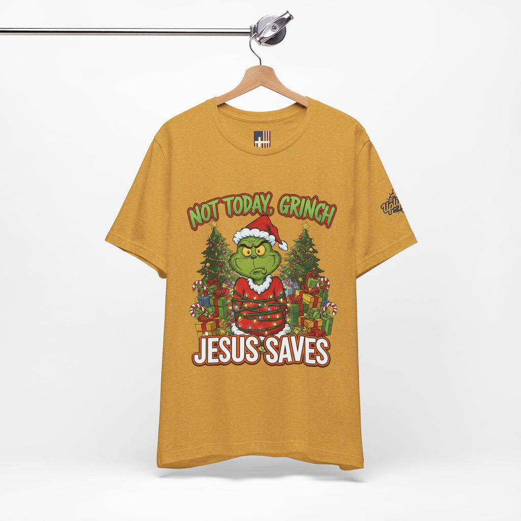 🎄 Not Today, Grinch – Jesus Saves | Funny Christian Christmas T-Shirt | Sulking Grinch & Glowing Cross | Bold Neon Faith Tee by Uplifted Gear Printify
