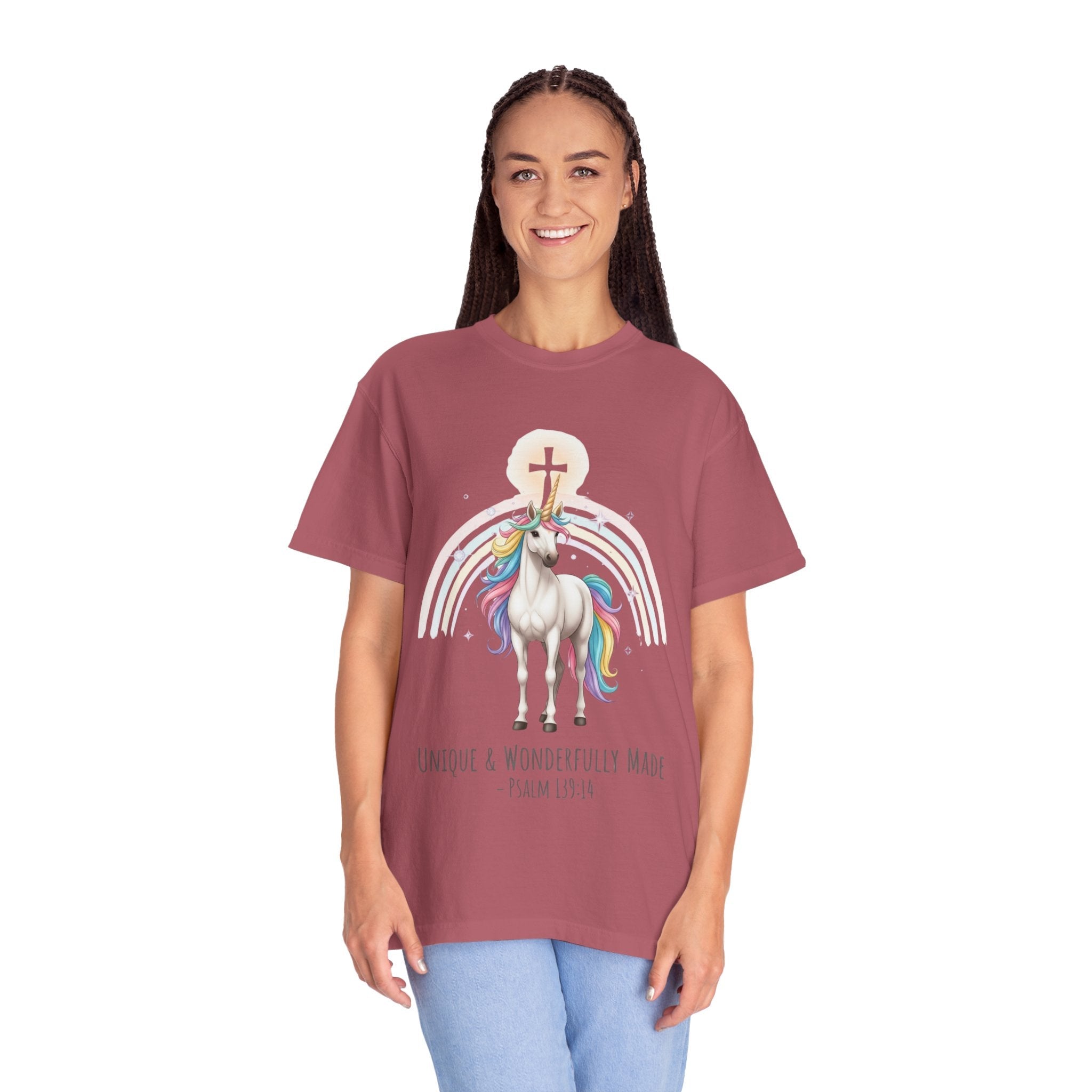 Unique Unicorn Christian T-Shirt – Wonderfully Made with Rainbow Cross & Psalm 139:14 Printify