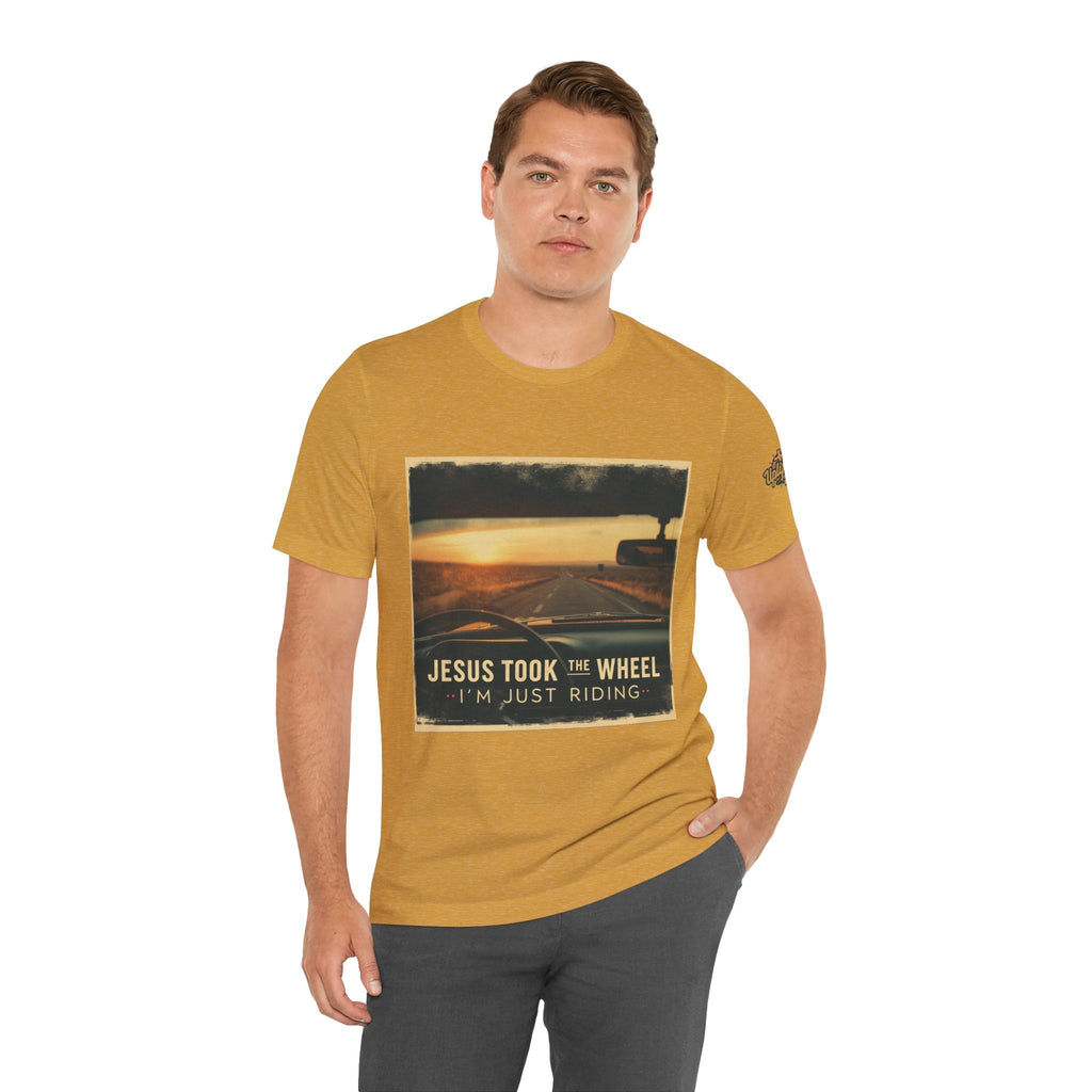 Jesus Took the Wheel I'm Just Riding T-shirt – Funny Christian Convertible Car T-shirt for Surrendered Faith & Humor Printify