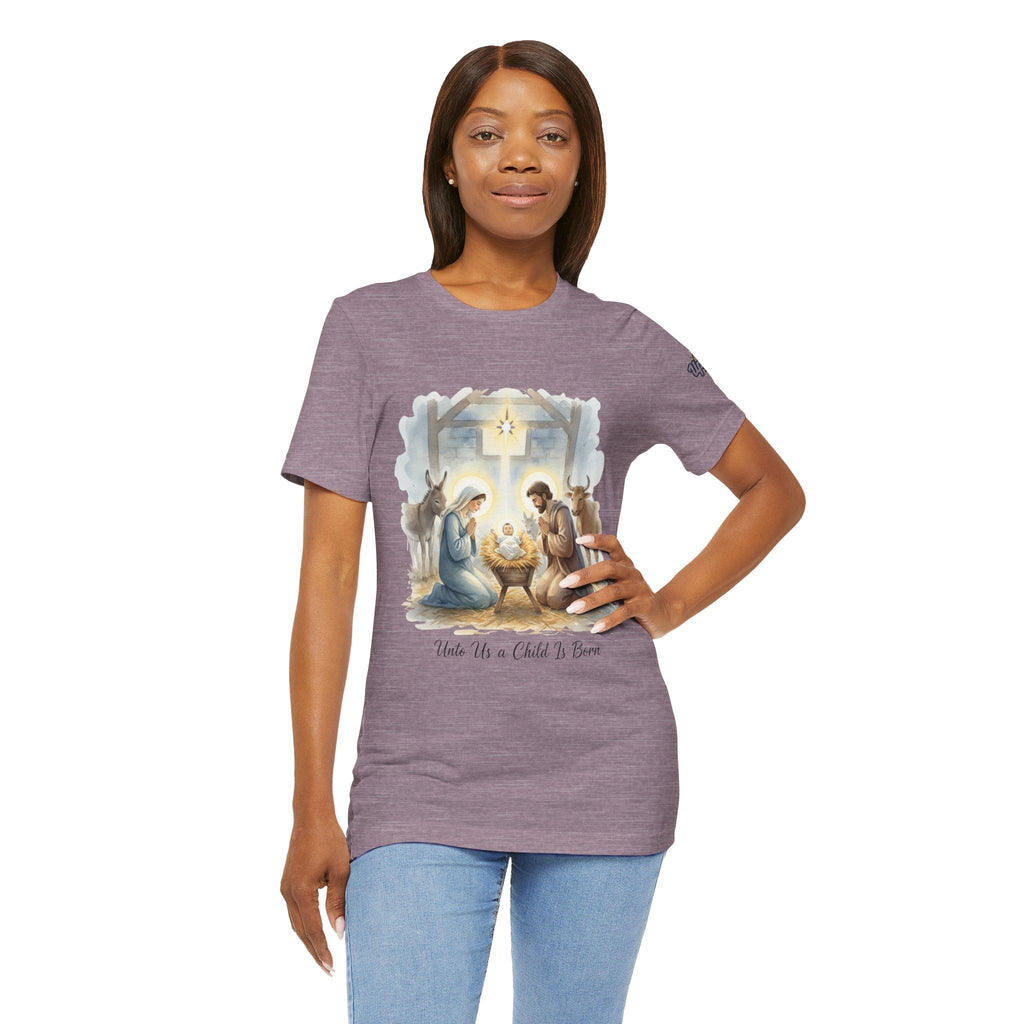 Unto Us a Child is Born T-shirt – Isaiah 9:6 Nativity Manger Scene Christian Christmas T-shirt for Holy Night Faith Printify