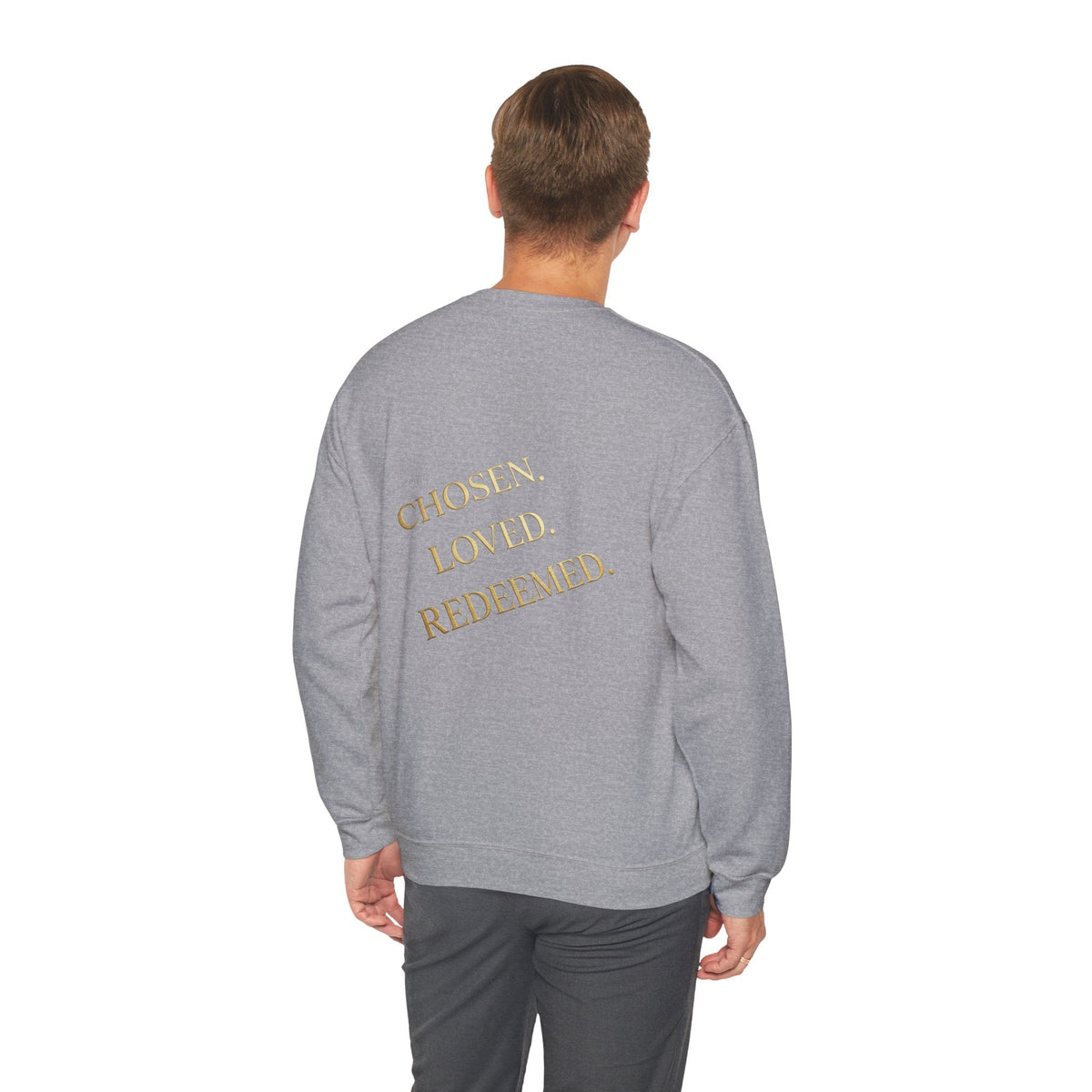 ✨ Chosen. Loved. Redeemed. – Elegant Christian Sweatshirt | Gold Foil Faith Tee | Subtle Cross & Heart Design | Inspirational Bible Verse Apparel by Uplifted Gear Printify