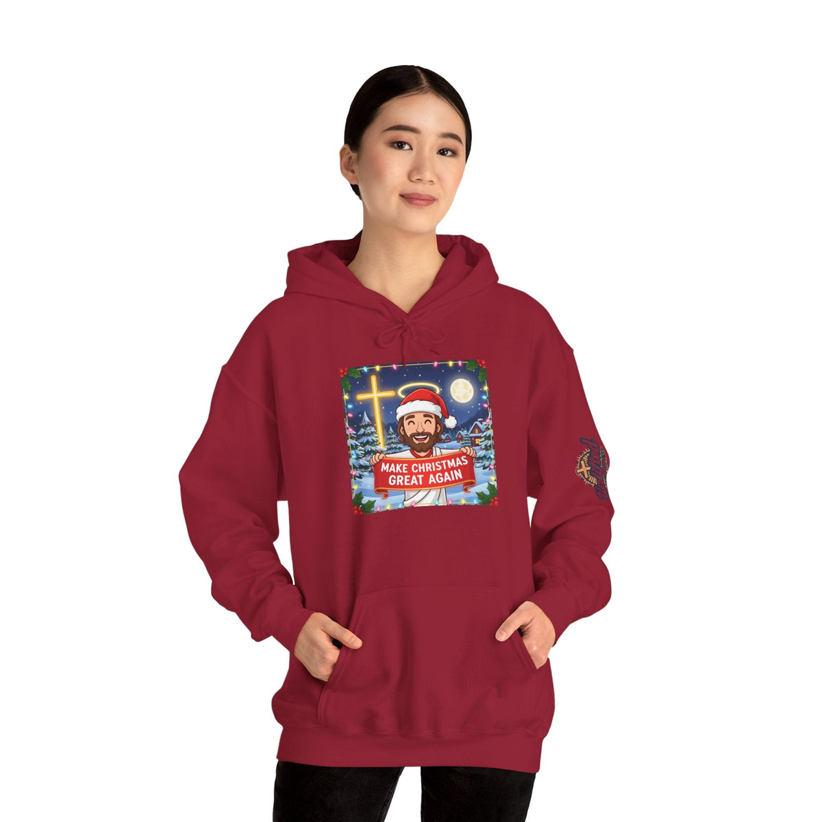 🎄 Make Christmas Great Again – Funny Christian Hoodie | Jesus Holding Banner | Faith-Based Holiday Parody Tee | Uplifted Gear Printify