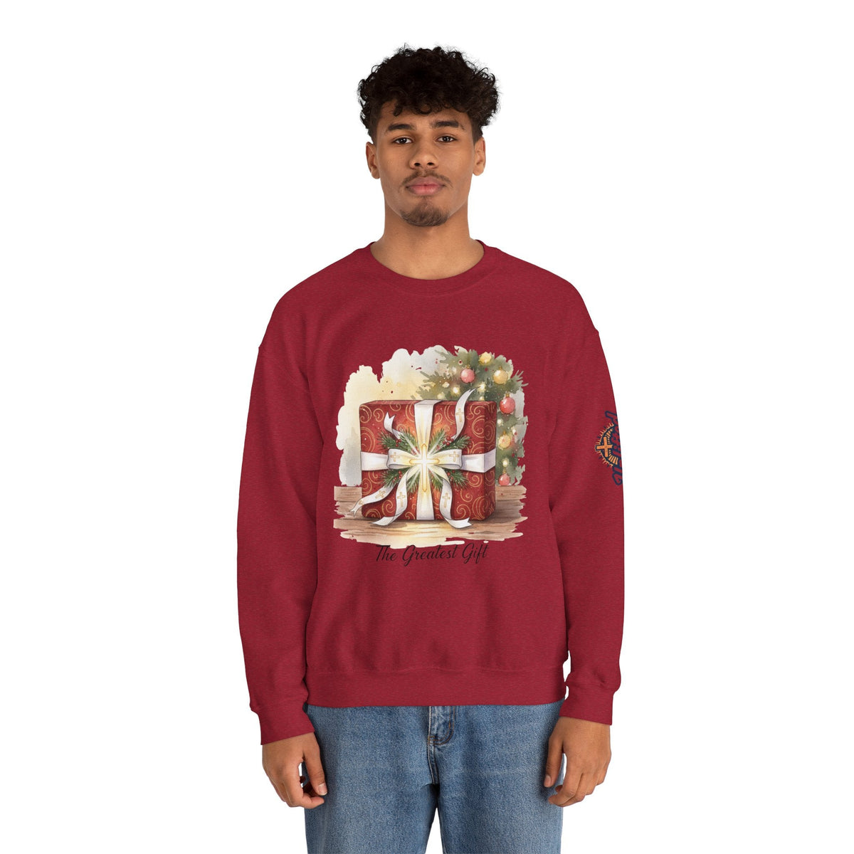 The Greatest Gift Sweatshirt – Cross Bow Present Christian Sweatshirt for Christmas Salvation & Eternal Faith Printify