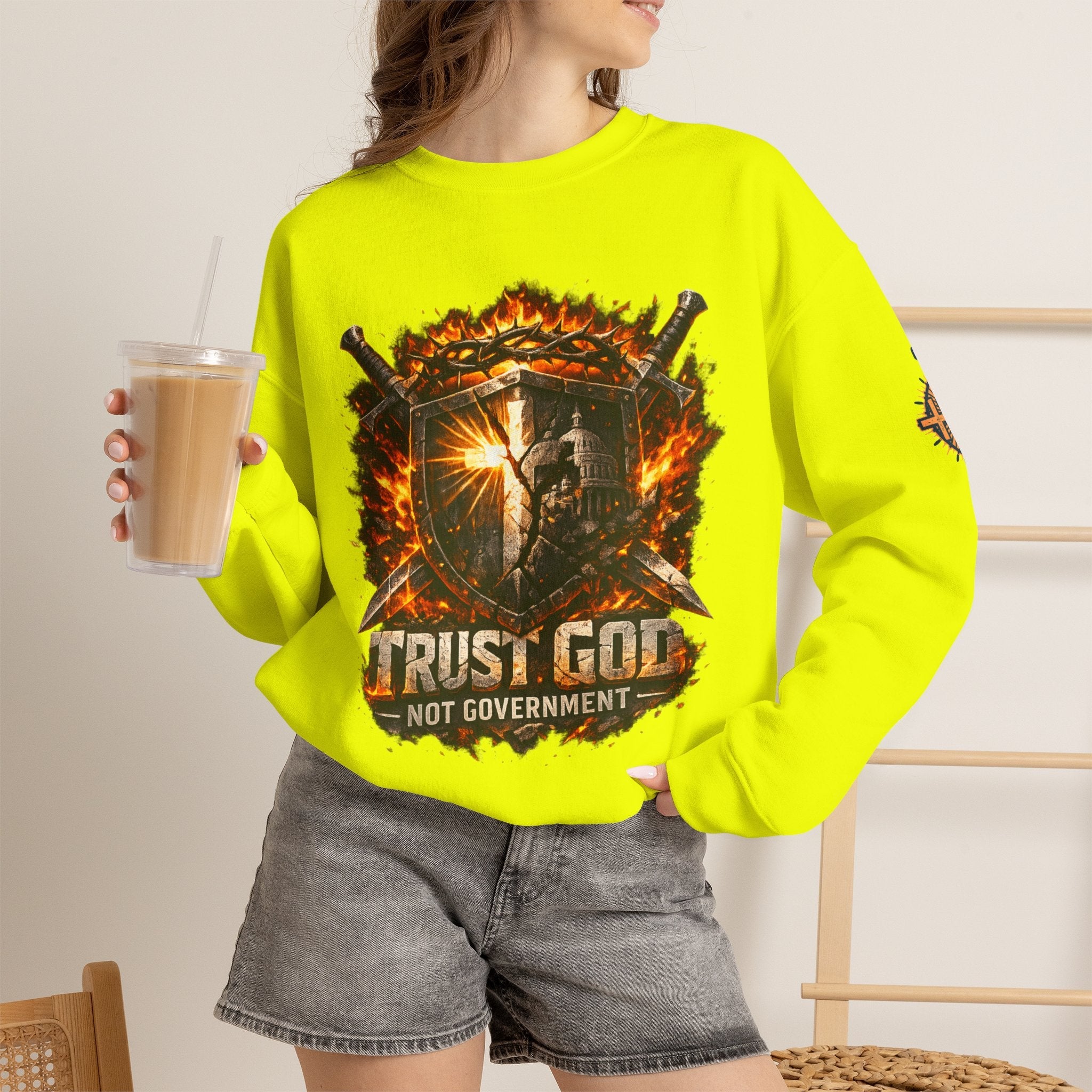 Trust God Not Government Shield Sweatshirt — Patriotic Christian Faith Sweatshirt Printify