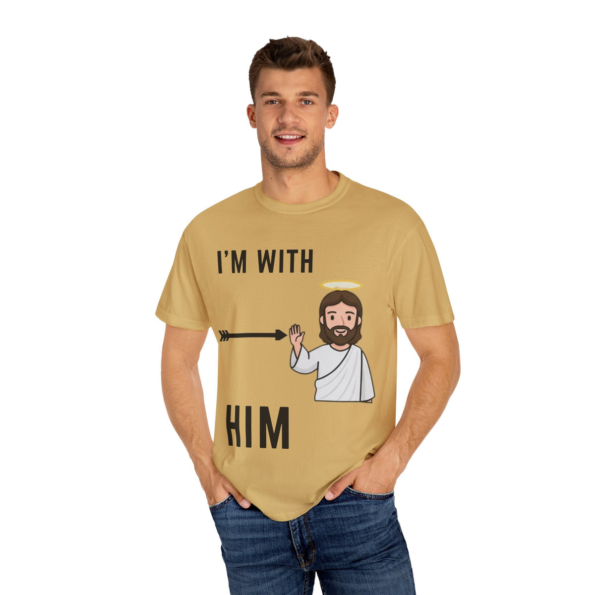 🔥 I’m With Him → Christian T-Shirt | Arrow Pointing to Jesus | Minimalist Faith Tee | Subtle Cross Design | Bible-Inspired Apparel by Uplifted Gear Printify