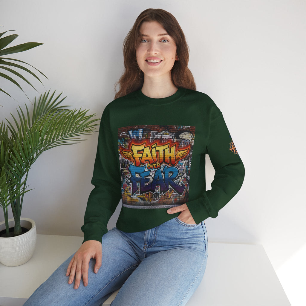 Faith Over Fear Sweatshirt – Graffiti Wall Christian Sweatshirt for Bold 2 Corinthians 5:7 Streetwear & Unshakable Faith Printify
