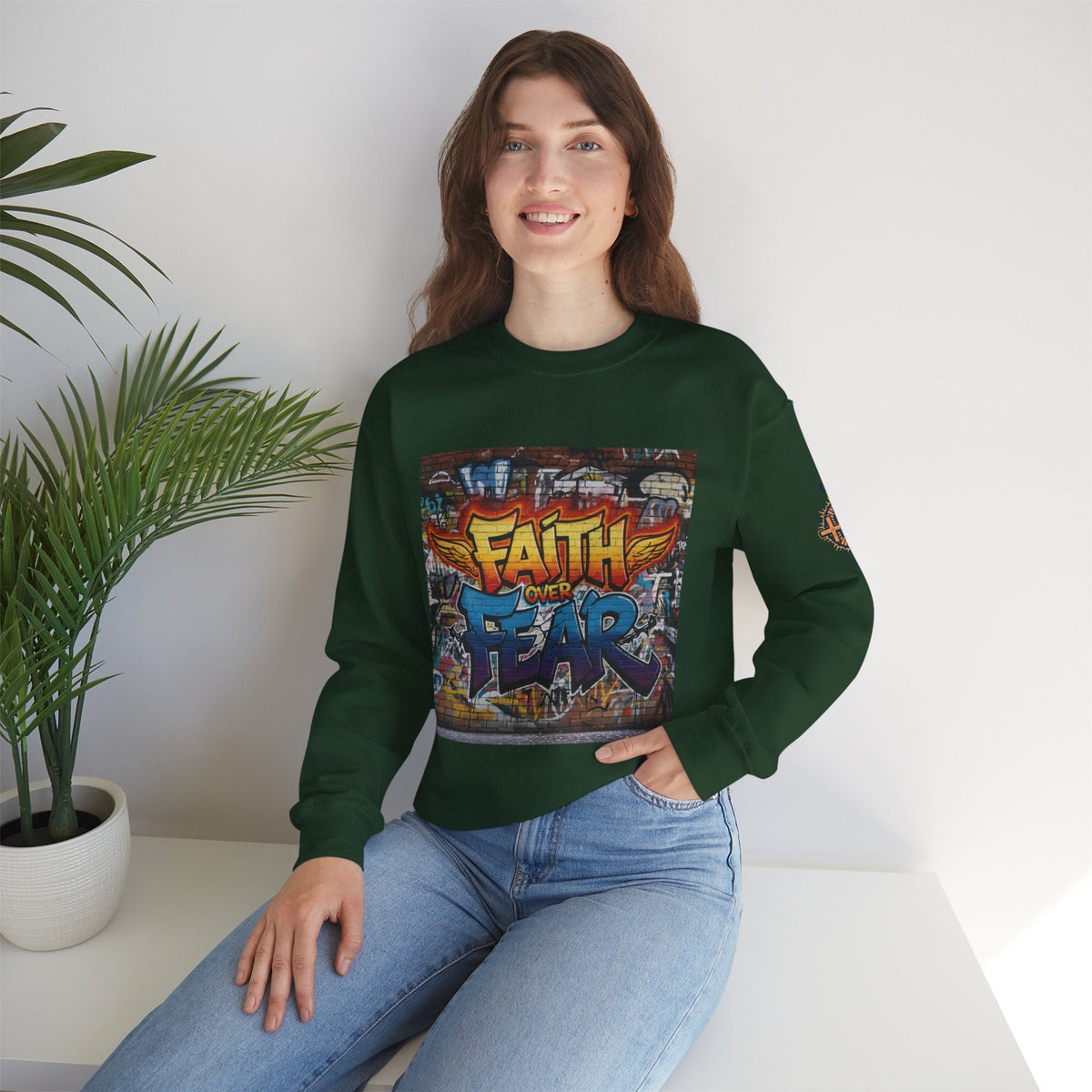 Faith Over Fear Sweatshirt – Graffiti Wall Christian Sweatshirt for Bold 2 Corinthians 5:7 Streetwear & Unshakable Faith Printify