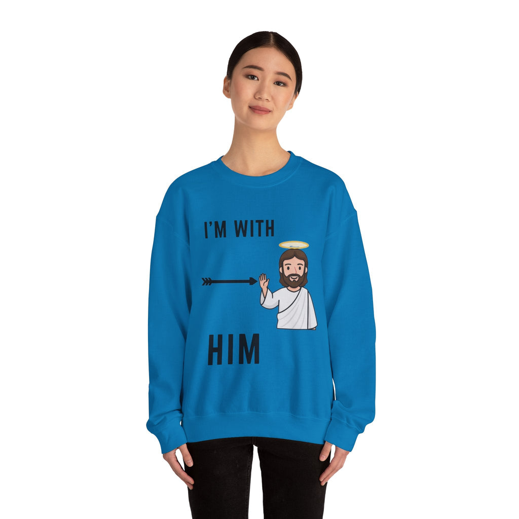 🔥 I’m With Him → Christian Sweatshirt | Arrow Pointing to Jesus | Minimalist Faith Tee | Subtle Cross Design | Bible-Inspired Apparel by Uplifted Gear Printify