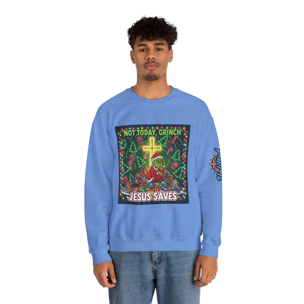 🎄 Not Today, Grinch – Jesus Saves | Funny Christian Christmas Sweatshirt | Festive Green & Red Cartoon Style | Bold Faith Holiday Tee by Uplifted Gear Printify