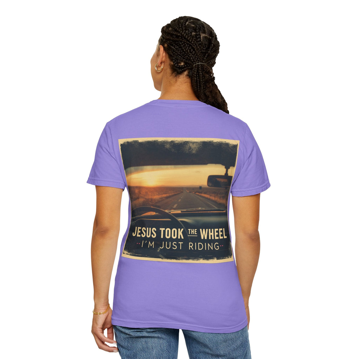 Jesus Took the Wheel I'm Just Riding T-shirt – Funny Christian Convertible Car T-shirt for Surrendered Faith & Humor Printify