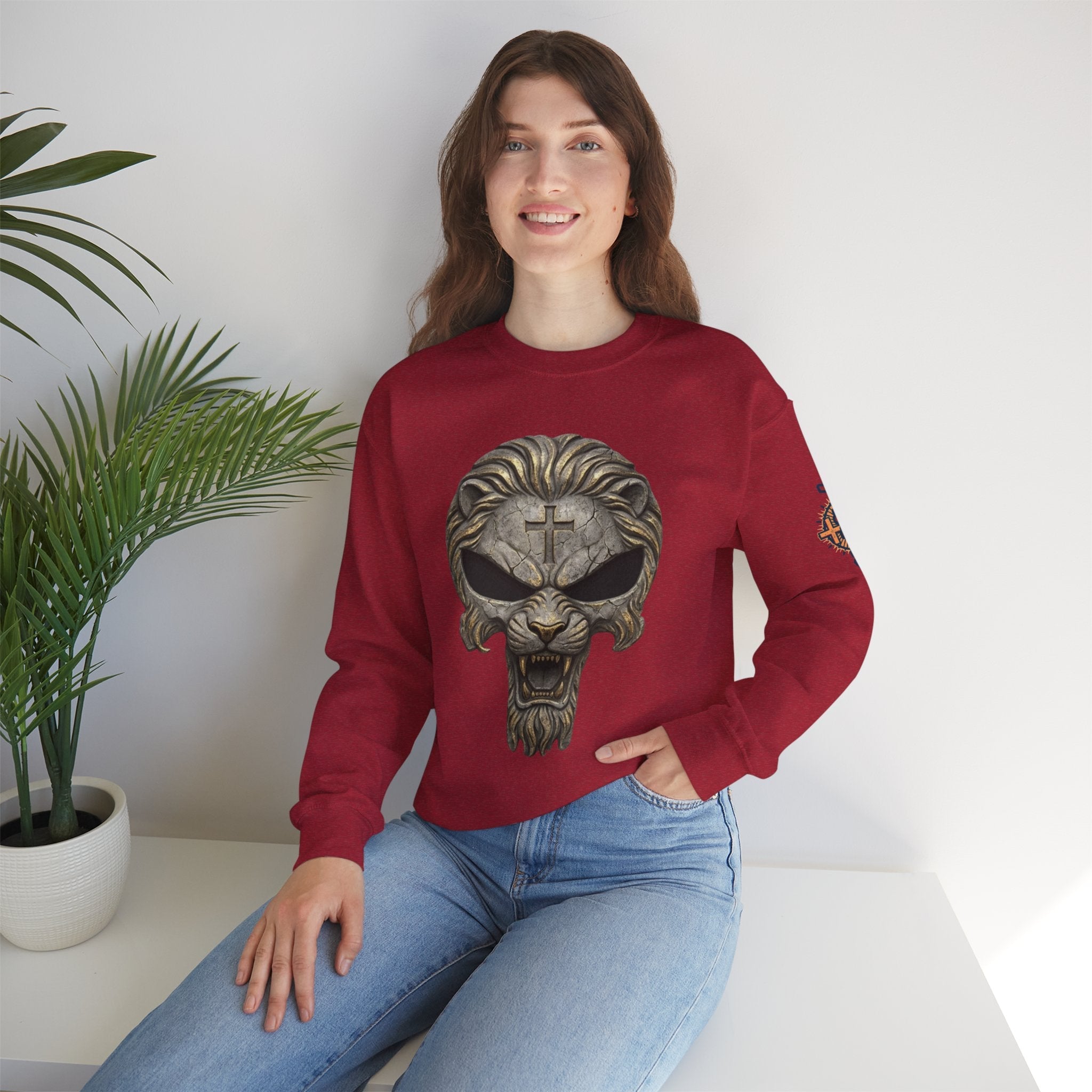 Lion of Judah Skull Christian Sweatshirt - Warrior Faith Cross Sweatshirt Printify