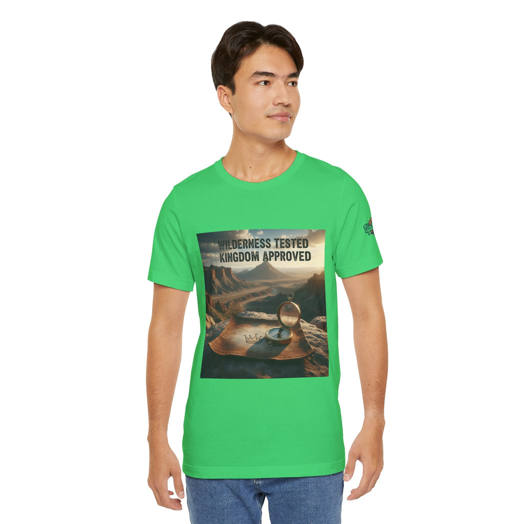 Wilderness Tested Kingdom Approved T-shirt – Mountain Desert Compass Crown Christian T-shirt for Biblical Adventure Faith Printify