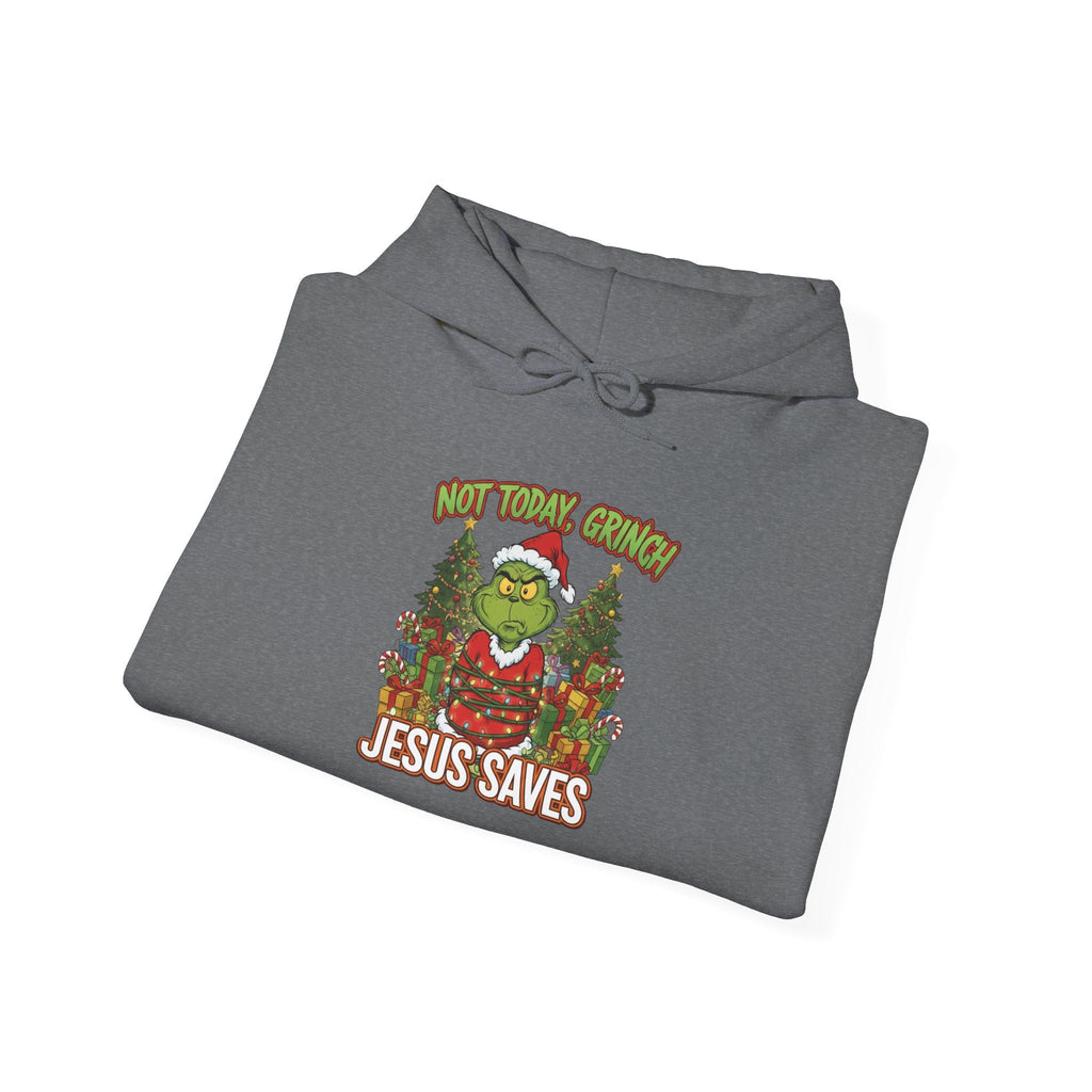 🎄 Not Today, Grinch – Jesus Saves | Funny Christian Christmas Hoodie | Sulking Grinch & Glowing Cross | Bold Neon Faith Tee by Uplifted Gear Printify