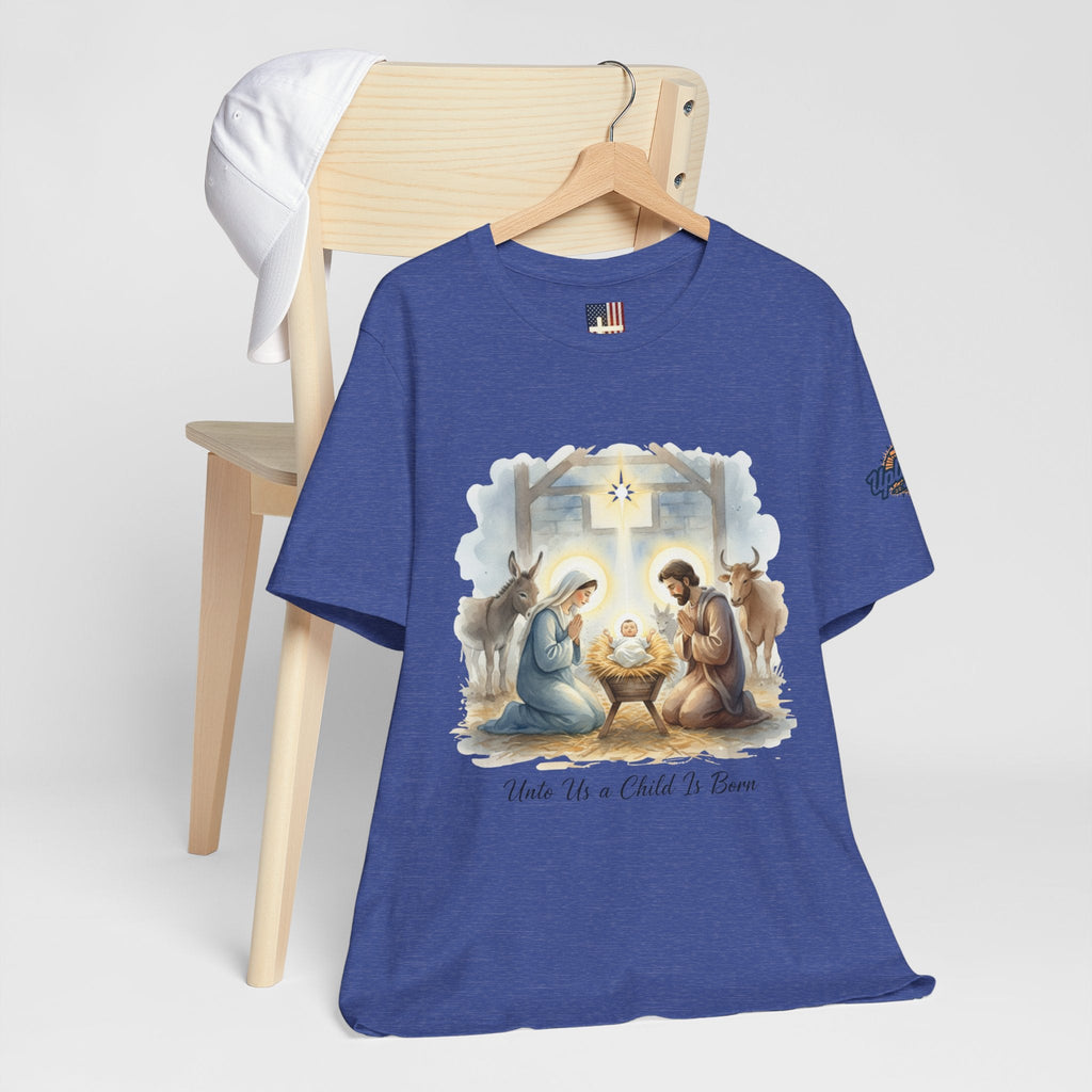 Unto Us a Child is Born T-shirt – Isaiah 9:6 Nativity Manger Scene Christian Christmas T-shirt for Holy Night Faith Printify