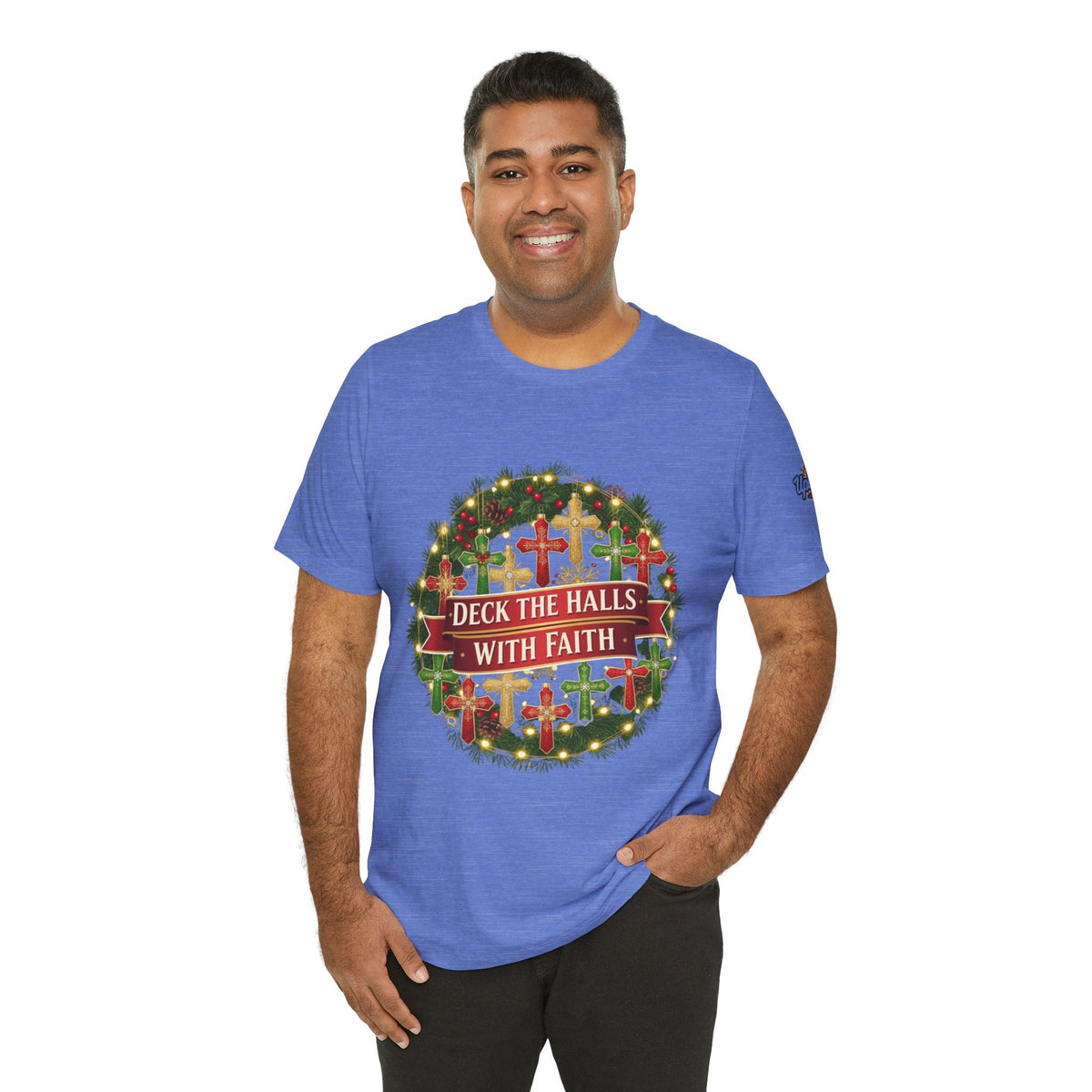🎄 Deck the Halls with Faith – Christian Christmas T-Shirt | Cross Ornament Design & Festive Garland | Bold Holiday Faith Tee by Uplifted Gear Printify