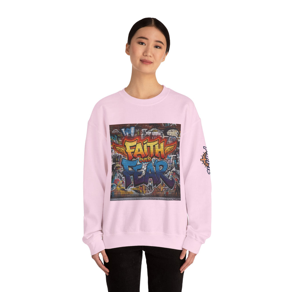 Faith Over Fear Sweatshirt – Graffiti Wall Christian Sweatshirt for Bold 2 Corinthians 5:7 Streetwear & Unshakable Faith Printify
