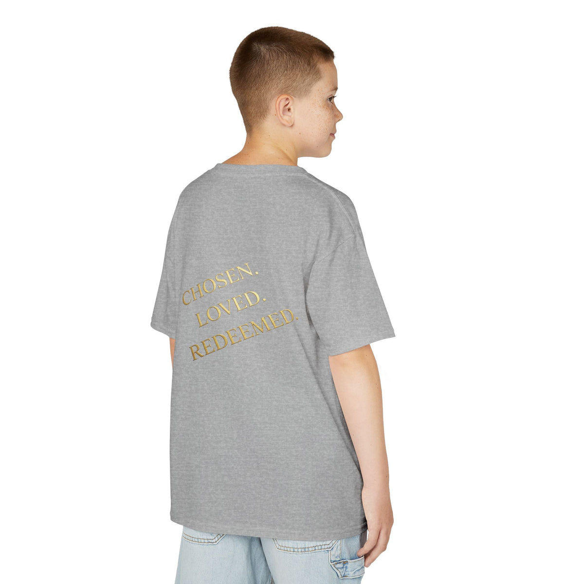 ✨ Chosen. Loved. Redeemed. – Elegant Christian Kids T-Shirt | Gold Foil Faith Tee | Subtle Cross & Heart Design | Inspirational Bible Verse Apparel by Uplifted Gear Printify