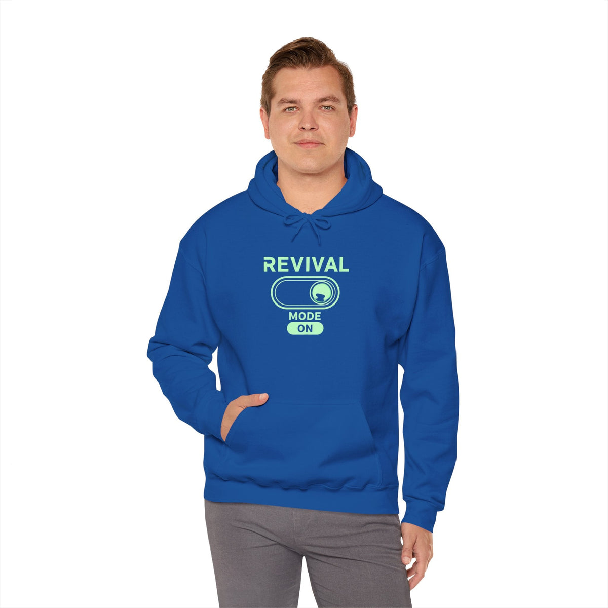 🔥 Revival Mode: ON – Christian Techwear Hoodie | Glowing Green Faith Switch | Futuristic Jesus Shirt | Activate Your Spiritual Awakening | Uplifted Gear Printify