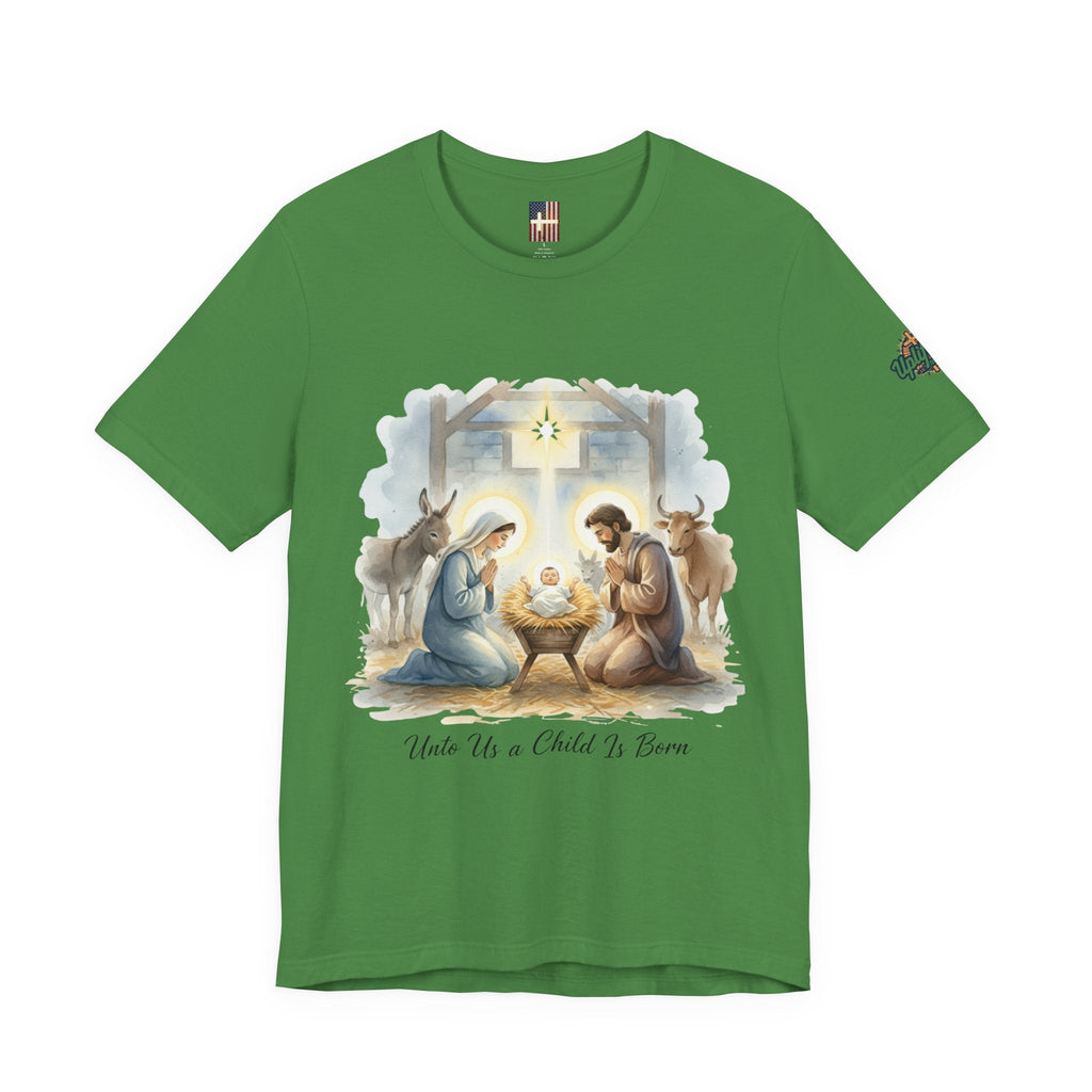 Unto Us a Child is Born T-shirt – Isaiah 9:6 Nativity Manger Scene Christian Christmas T-shirt for Holy Night Faith Printify